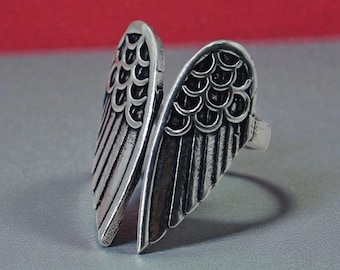 Anillo de alas de ángel de plata esterlina, anillo ajustable, anillo llamativo de plata oxidada, joyería gótica bohemia, regalo de ángel de la guarda