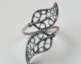 Double Leaf Open Ring in 925 Sterling Silver | Adjustable Nature Ring | Filigree Leaf Silver Jewelry Gift for Her
