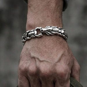 Sterling Silver Dragon Link Bracelet, Gothic Biker Chain Jewelry