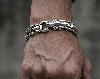 Sterling Silver Dragon Link Bracelet, Gothic Biker Chain Jewelry
