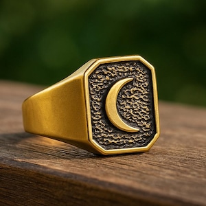 Gold Crescent Moon Signet Ring – Vintage Moon Ring Men – Celestial Gold Ring – Gold Plated Jewelry – Lunar Symbol Ring– Halloween Men&#39;s Ring