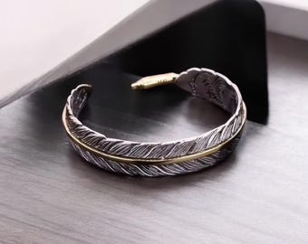 Sterling Silver Feather Cuff Bracelet: Gold Accent, Adjustable