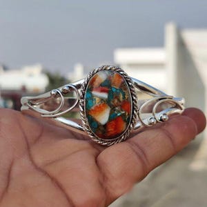 Spiny Oyster Copper Turquoise Bangle, 925 Sterling Silver, Adjustable Handmade Bangle