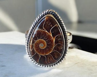 Handmade Pear Ammonite Fossil Ring: 925 Sterling Silver Gemstone