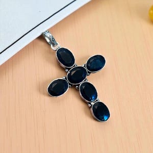Blue Sapphire Cross Pendant | Sterling Silver Christian Necklace | Handmade Gemstone Jewelry | Religious Gift for Her & Him