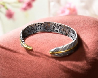Sterling Silver Feather Cuff Bracelet: Gold Accent, Adjustable