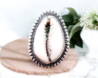 Cowrie Shell Sterling Silver Ring: Handmade Statement Jewelry