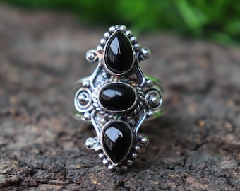 Black Onyx Statement Ring: Sterling Silver Adjustable Gothic Jewelry