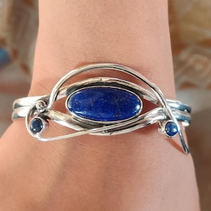 Lapis Lazuli Cuff 925 Sterling Silver Bangle, Lapis Lazuli Gemstone Bracelet, Handmade Lapis Lazuli Bangle, Jewelry Bracelet Gift For Her