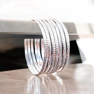 Set of 7 Bangles, Hammered Bangles, Stacking Bracelets, 925 Sterling Silver, Designer Bangles, Thin Sparkly Bangles, Silver Boho Bangle