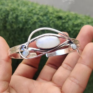 Rainbow Moonstone Bangle: Oval Gemstone, 925 Sterling Silver, Boho