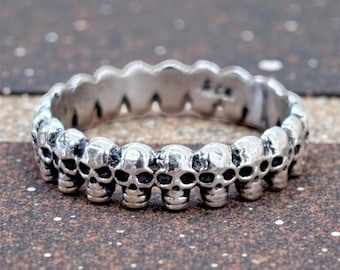 Oxidized Sterling Silver Skull Band Ring • Gothic Biker Jewelry