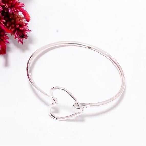 Sterling Silver Heart Bangle, Romantic Open Design - Etsy