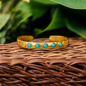 Gold Plated Turquoise Bangle | Adjustable Cuff Bracelet , Handmade Boho Jewelry , Sterling Silver , 5 Stone Bangle , Designer Bangle