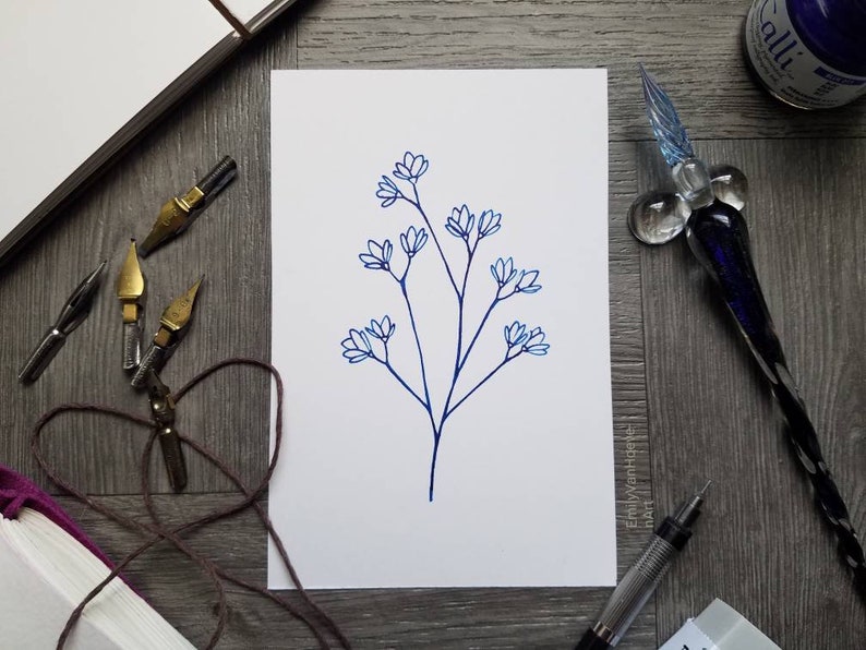 Simple Flowers in Blue Ink Original 4inx6in Drawing