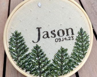 Custom Name Hand Made Embroidered Ornament Christmas Gift Baby Shower Forest Winter Embroidery Name Tag First Christmas Neutral Baby Gift