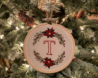 Customizable Initial Embroidered Ornament - Embroidery hoop poinsettia flowers