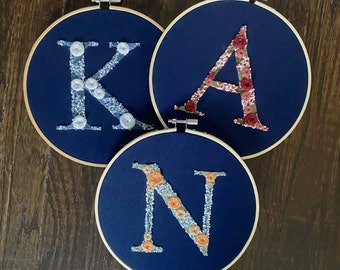 Custom Floral Initial Embroidery Hoop: Nursery Wall Decor
