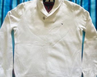 Suéter vintage Tommy Hilfiger para hombre, jersey, talla grande, blanco, cuello chal, rayas, algodón.