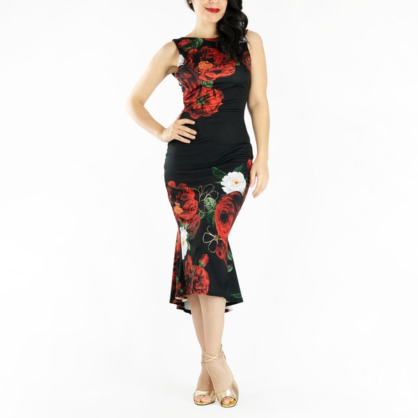 Floral ''Dora'' tango dress, Fishtail dress, Argentine tango dress, Evening dress, Elegant dress, Tango dress, Dora dress