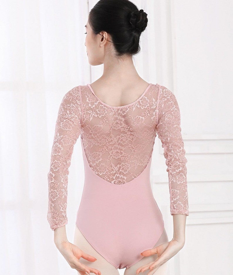 Riley. Pink ballet leotard with lace upper and sleeves Etsy