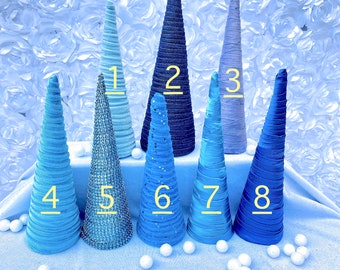 Blue trees, Christmas mini cone blue trees, Blue Holiday decoration, X-mas  velvet covered trees, Cone fabric cover trees