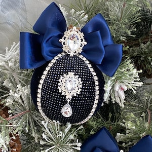 Christmas rhinestones ornaments, Handmade balls, Xmas decorations, Tree navy blue ball,  blue and silver bauble, gorgeous ornaments