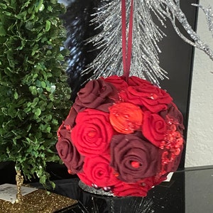 One of a kind ball, Christmas flowered ball, red roses bauble, Christmas gift, wedding, party decor, red and burgundy ornament