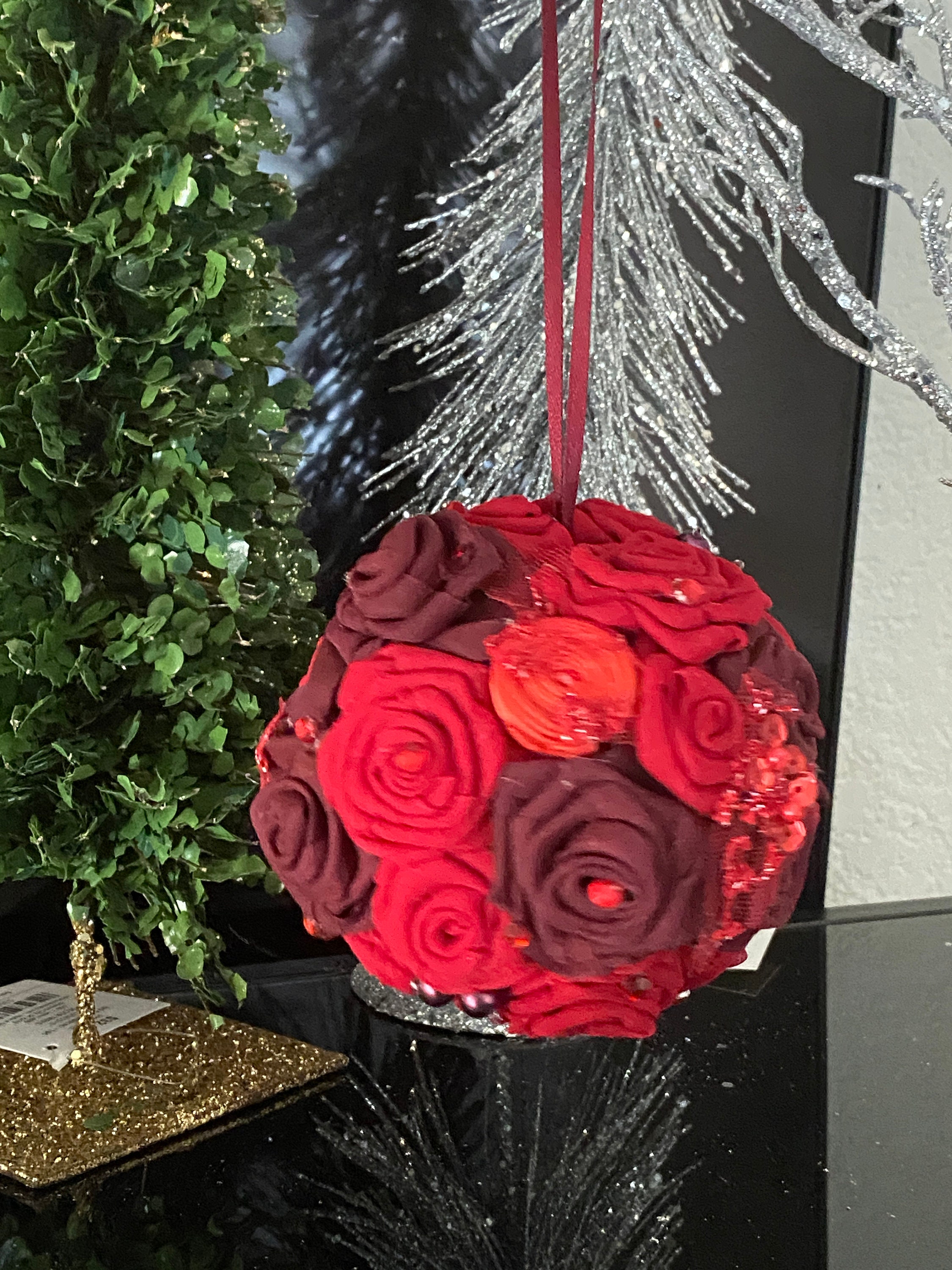 One of a kind ball, Christmas flowered ball, red roses bauble, Christmas gift, wedding, party decor, red and burgundy ornament