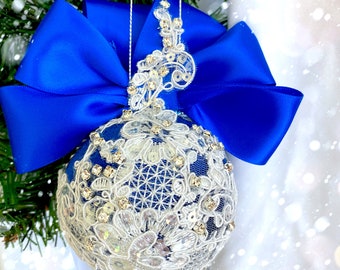 Rhinestones blue Christmas ball, blue velvet cover rhinestones bauble, glam blue and white tree ornament , Christmas gift, tree ornament
