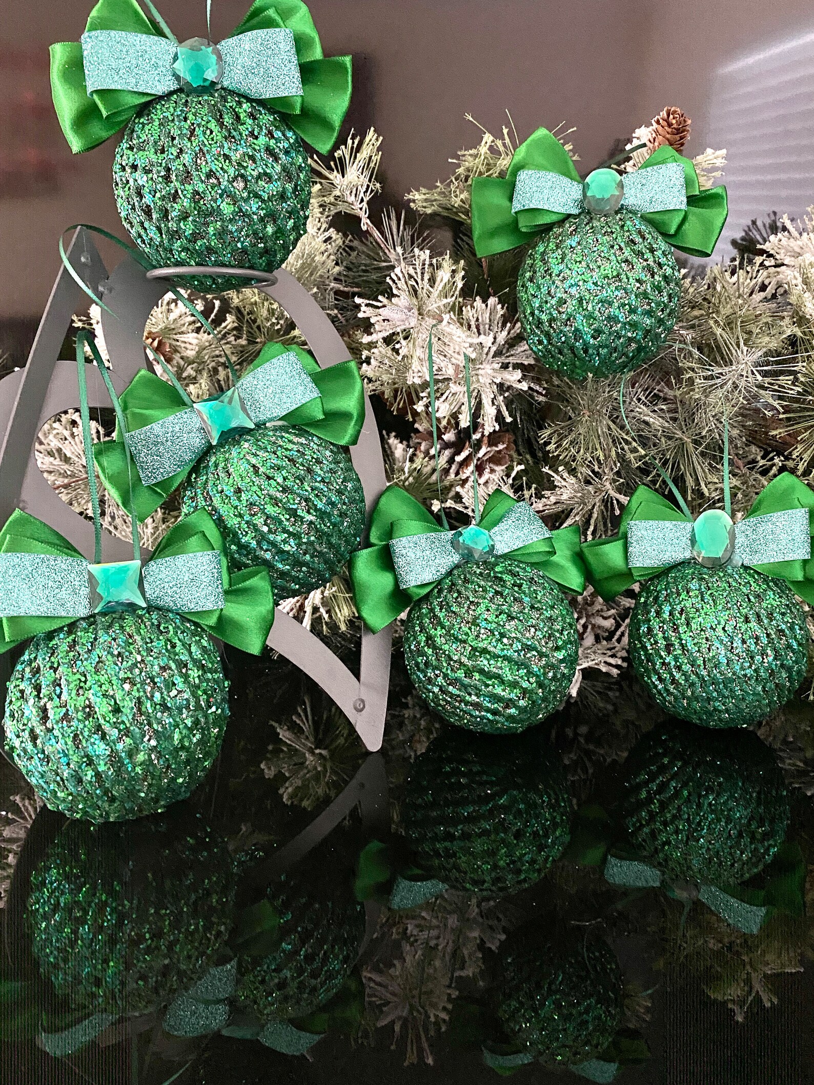 Set of 6 Silver Christmas Ornaments, Red Tree Decorations, Rose Gold