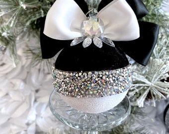 Set of 4 Black & White Velvet Christmas Baubles, Rhinestones balls