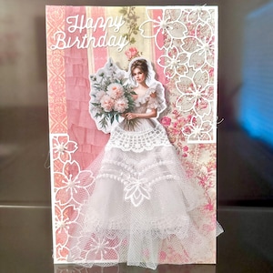 Happy birthday große handgemachte Karte, 3D Mädchen im Kleid Geburtstagskarte, weißer Rock Tüll und Spitze