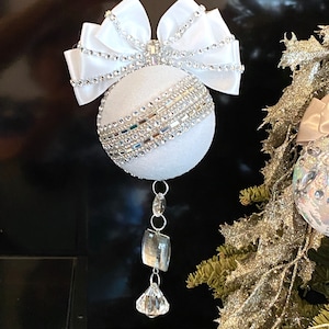 White Velvet Christmas Bauble: Rhinestone & Crystal Ornament