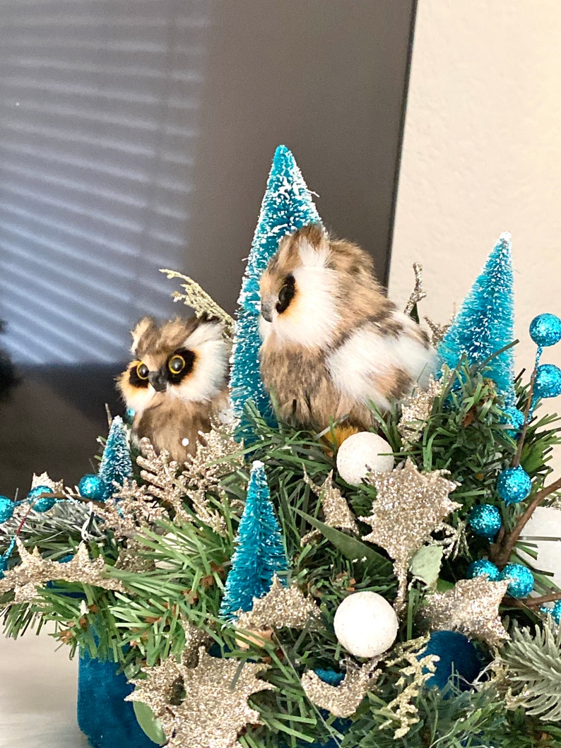 Christmas Owl Centerpiece, Table Decoration, Holiday Room Decor, Oil