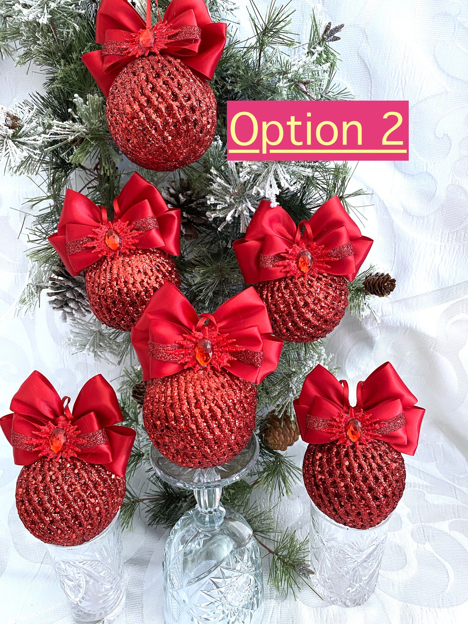 Set of 6 Silver Christmas Ornaments, Red Tree Decorations, Rose Gold