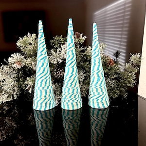 A set of 3 Cone trees, fabric cover tree Christmas mini tree, table decor, Christmas pink decor, teal  and white cone trees