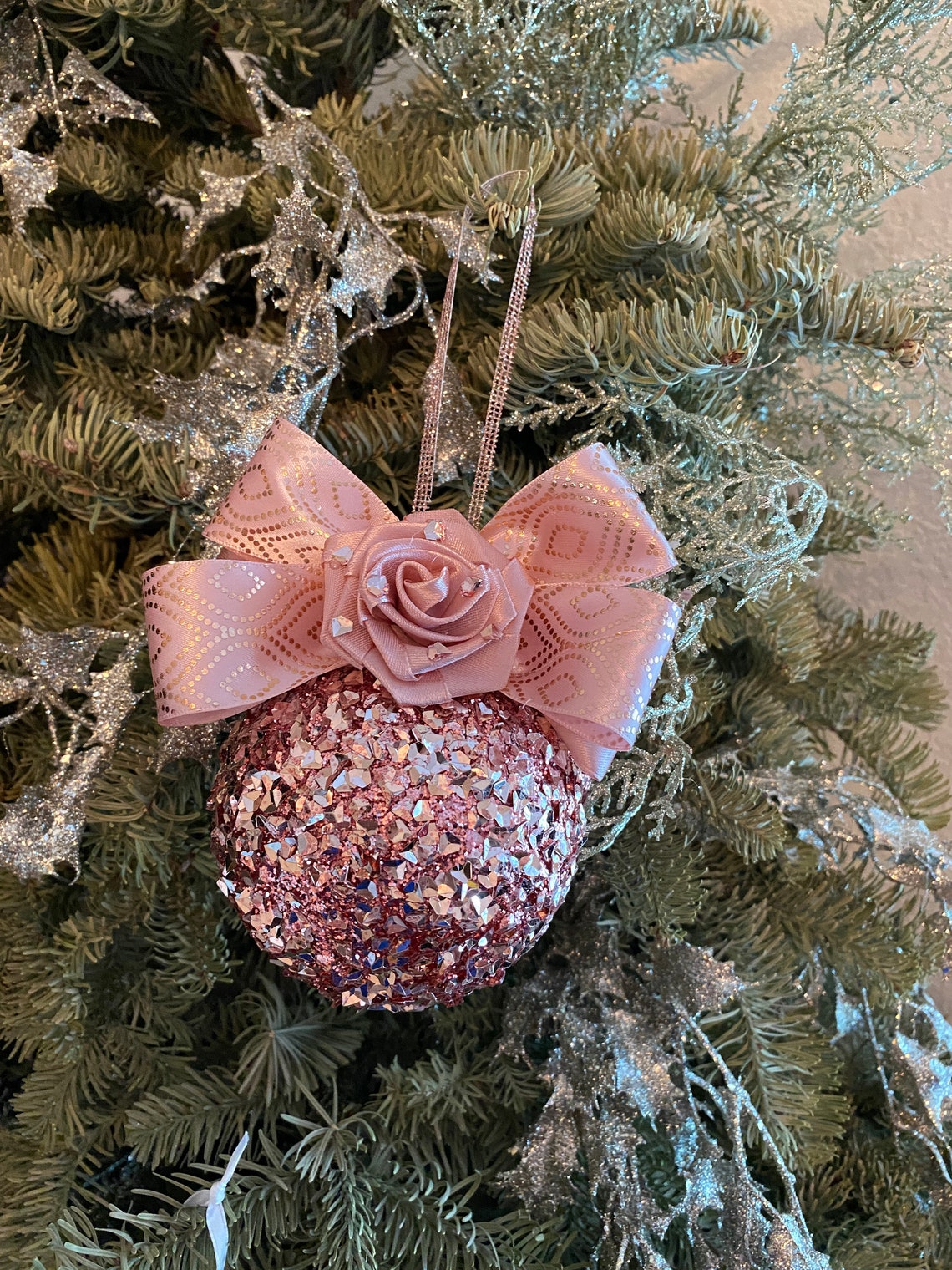 Set of 4 Rose Gold Christmas Ornament Tree Rose Gold Ball Etsy Rose Gold Christmas Ornaments