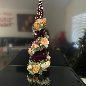 Glam  tabletop Christmas tree,  Happy mini tree, velvet covered cone tree decorated artificial flowers, tabletop Christmas decoration