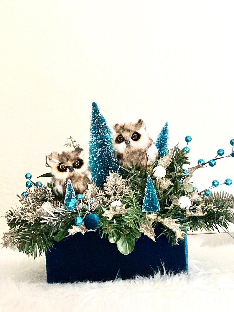 Christmas Owl Centerpiece, Table Decoration, Holiday Room Decor, Oil
