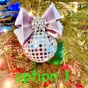 White rhinestones Christmas ball, white sequins fabric cover tree bauble, X-mas decor, Christmas gift, white and silver ball