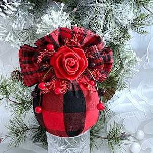 Red and black  buffalo check   ball, Christmas 4 inches bauble, black and red checked ornament, tree red and black decoration