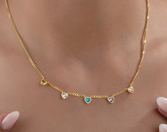 14K Gold Heart Birthstone Necklace For Mom, Multi Birthstone Family Necklace With Cuban Chain, Dainty Heart Pendants, Best Mother's Day Gift