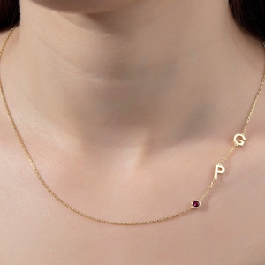 14K Gold Birthstone Letter Necklace, Silver Sideways Letter Birthstone Necklaces, 18K Initial Pendants, Gift For Mom, Best Mother's Day Gift