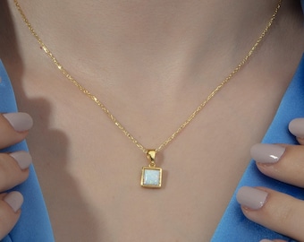 14K Gold Square Opal Pendant Necklace, White Fire Opal Birthstone Jewelry