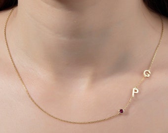 14K Gold Birthstone Letter Necklace, Silver Sideways Letter Birthstone Necklaces, 18K Initial Pendants, Gift For Mom, Best Mother's Day Gift
