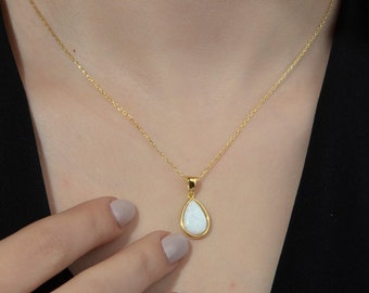 14K Gold Drop Fire Opal Necklaces, Sterling Silver Pear White Opal Pendants, Gold Plated October Birthstone Jewelry, Best Mother's Day Gift