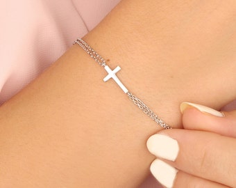 New 14k Gold Side Cross Bracelet Adjustable Rolo Chain Link 7/"-8/" Latin Cruz Oro
