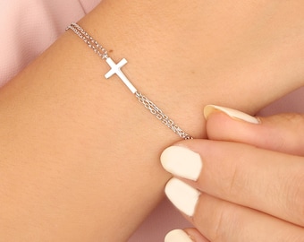 Silver Dainty Cross Bracelet For Women Gift For Mother Birthday Gifts 14K Gold Cross Bracelets Religious Jewelry Valentines Day Gifts