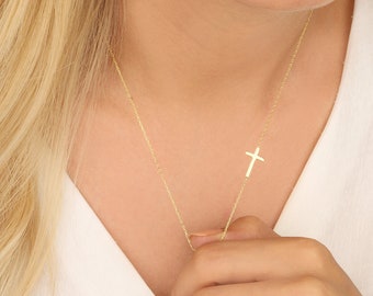 14K Gold Cross Necklace, Sideways Cross Charm Necklace, Dainty Silver Crucifix Pendant, Religious Jewelry, Moms Gift, Best Mother's Day Gift